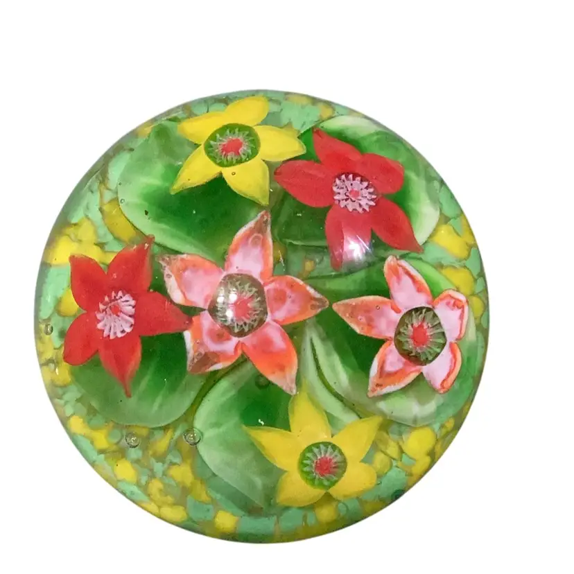 Art Glass Paperweight Floral With Confetti Base 4” Has Some Scuffing