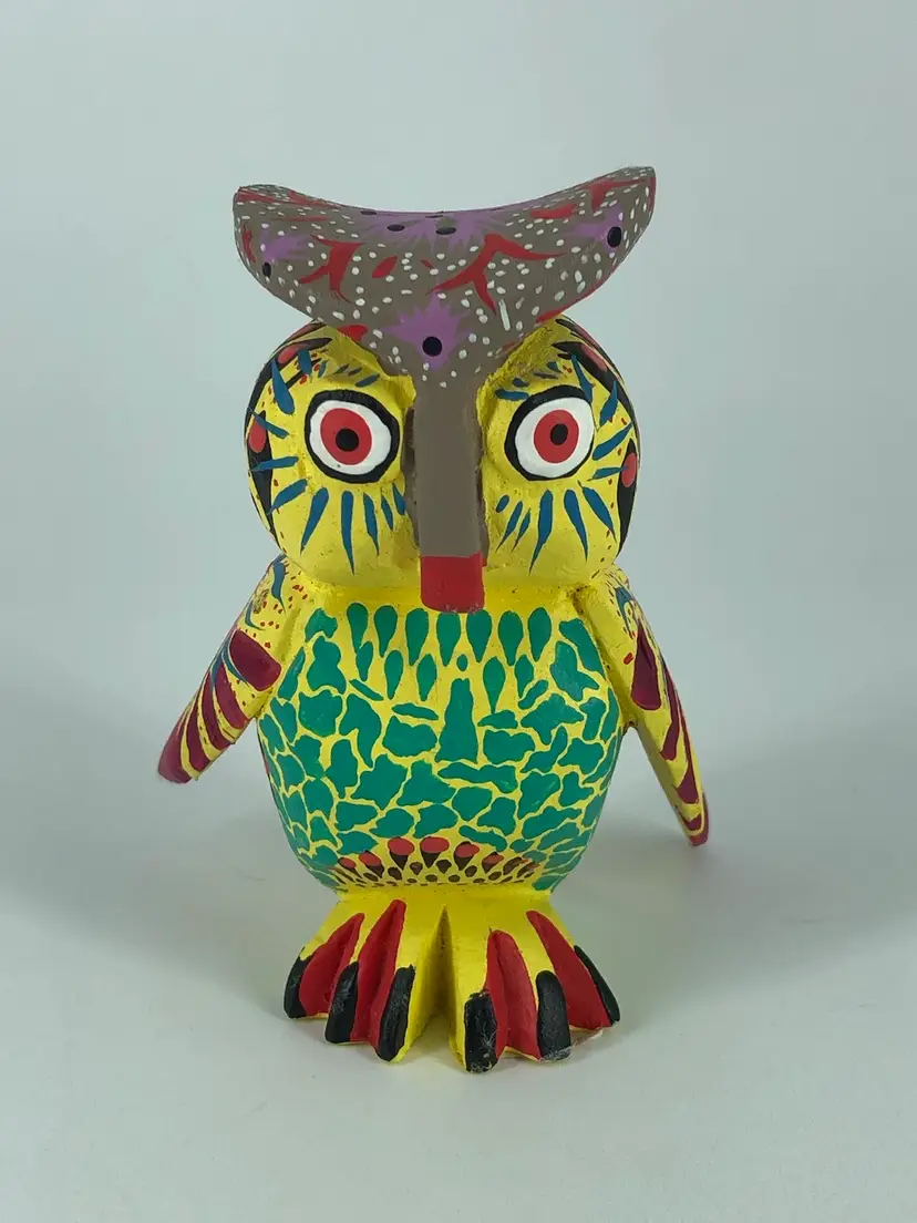 Hand-Crafted Signed Oaxaca Wooden Owl Figurine