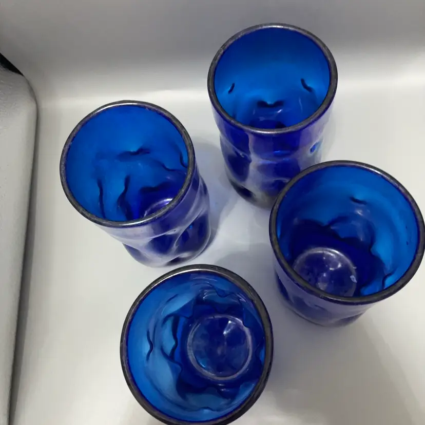 Set Of 4 Blenko 2001 Cobalt Iridescent Glass Dimple Tumblers