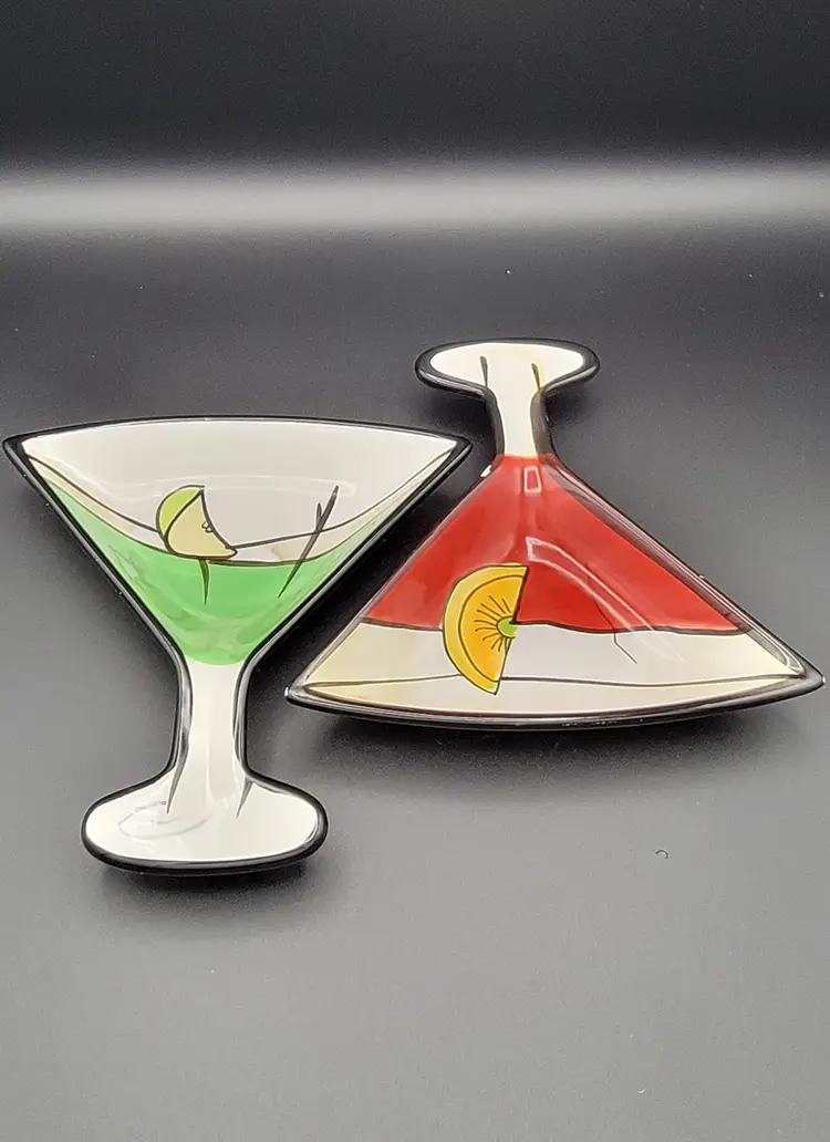 Trisa Martini Cocktail Shaped Snack Bowl Dish Hand Painted Ceramic Dish Set of 2