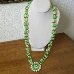 Vintage Green Acrylic Bead Safety Pin Necklace Faux Pearl Pendant