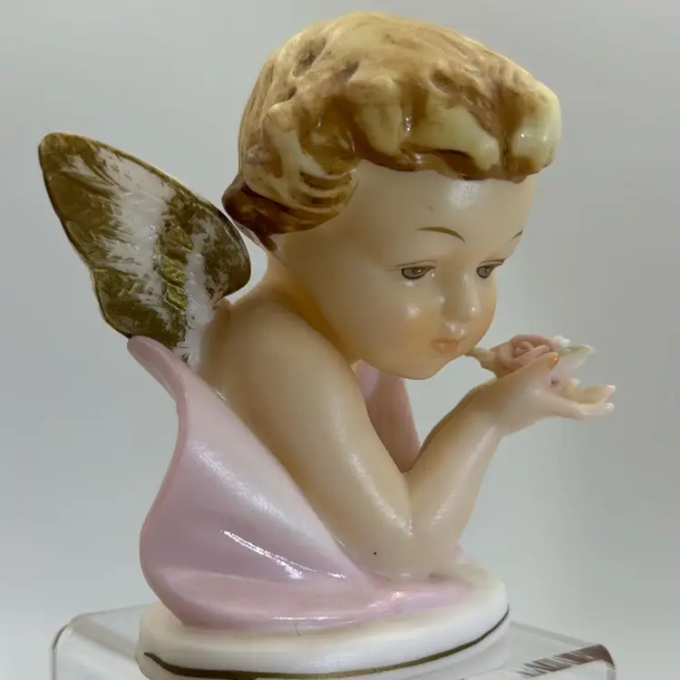 Vintage Porcelain Angel Cherub Rose Wings Figurine