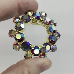 Vintage Red Aurora Borealis AB Circle Wreath Brooch 1960s MCM Retro Gold Tone