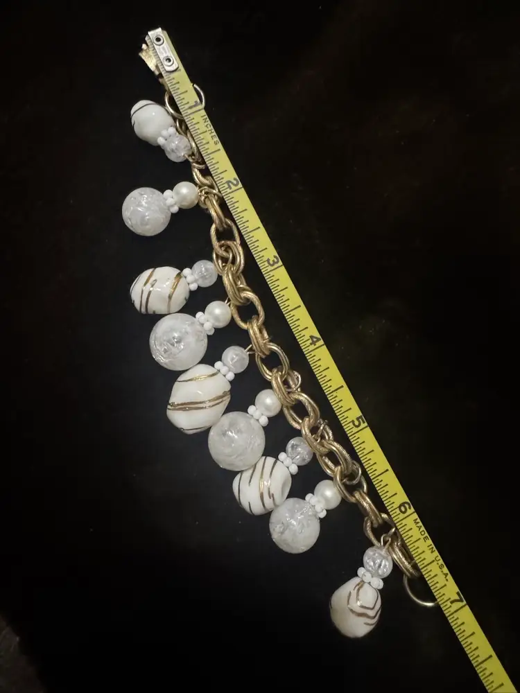 Vintage gold and white bead charm bracelet