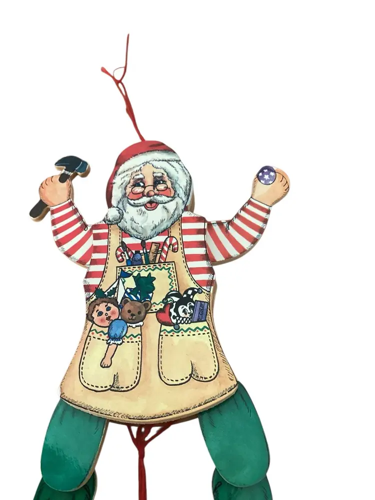 Vintage Wood Pull String Christmas Ornament Santa Claus Toys Tree Jump Jack 8"