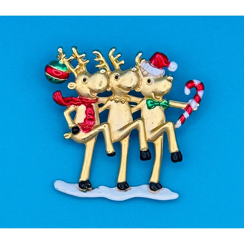 Vintage CAJQ  (Christopher A. J. Quartuccio) Triple Reindeer Christmas Brooch – 1980s Gold-Tone Enamel Holiday Pin