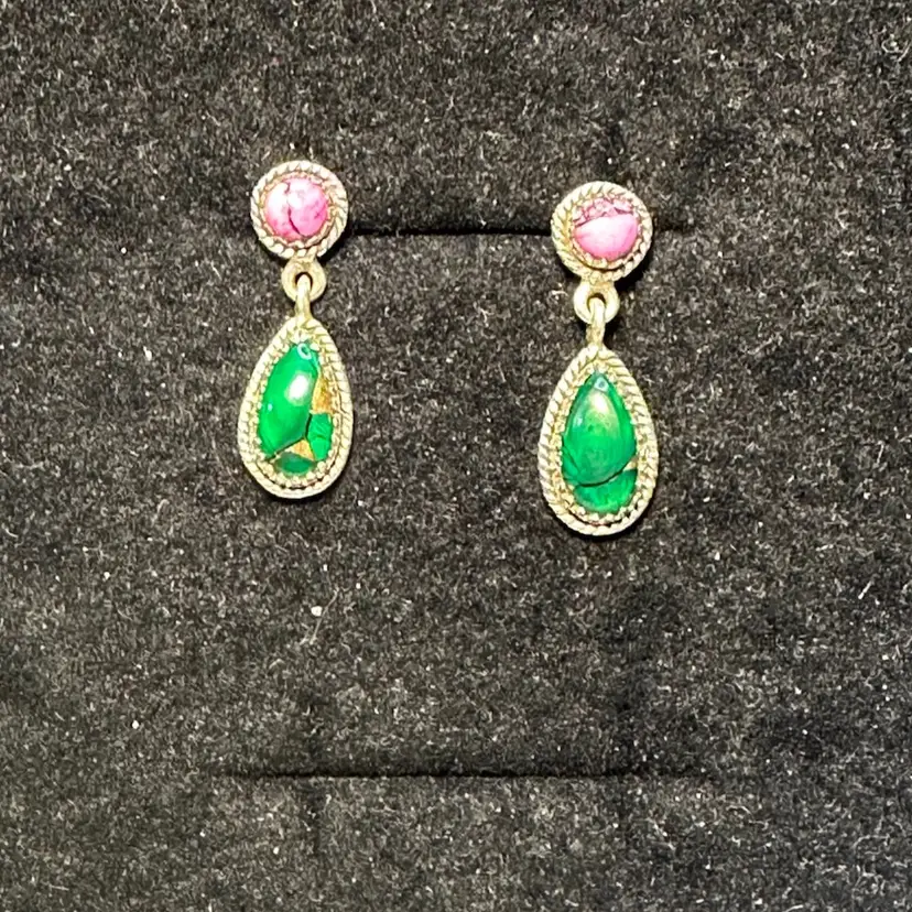 Southwestern Sterling 925 Green and Pink Dahlia Tear Drop Earrings Pierced