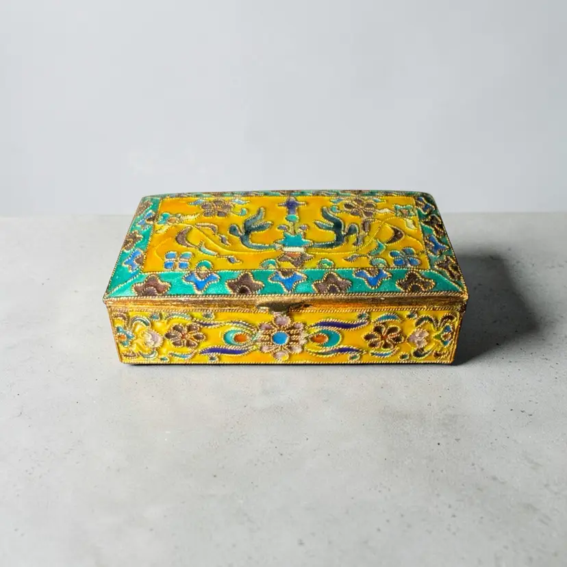 Antique Russian Cloisonné Snuff Box Enamel Trinket Box Miniature Floral Hinged Box 2”