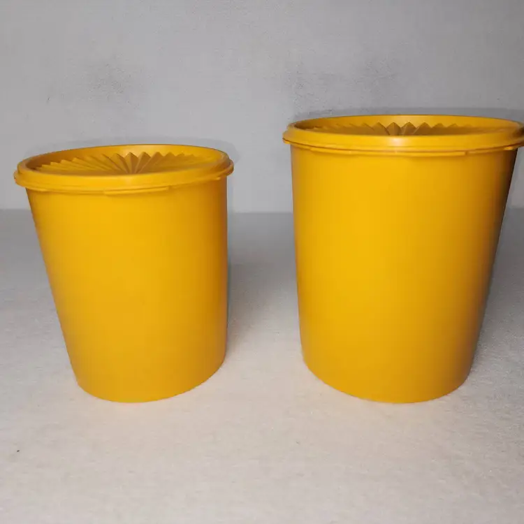 Vintage Tupperware Floral Canisters Yellow With Harvest Orange Wreaths Set Of 2