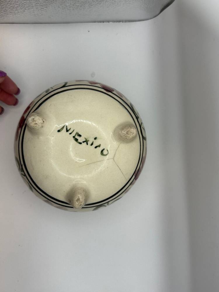 Hand Painted Ceramic Planter W/Handles Made In Mexico As Is 5.5”H; 5” Diameter