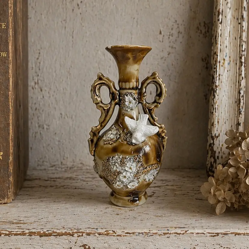 Vintage Mini Vase Brown White Flowers & Bird Gold Accent