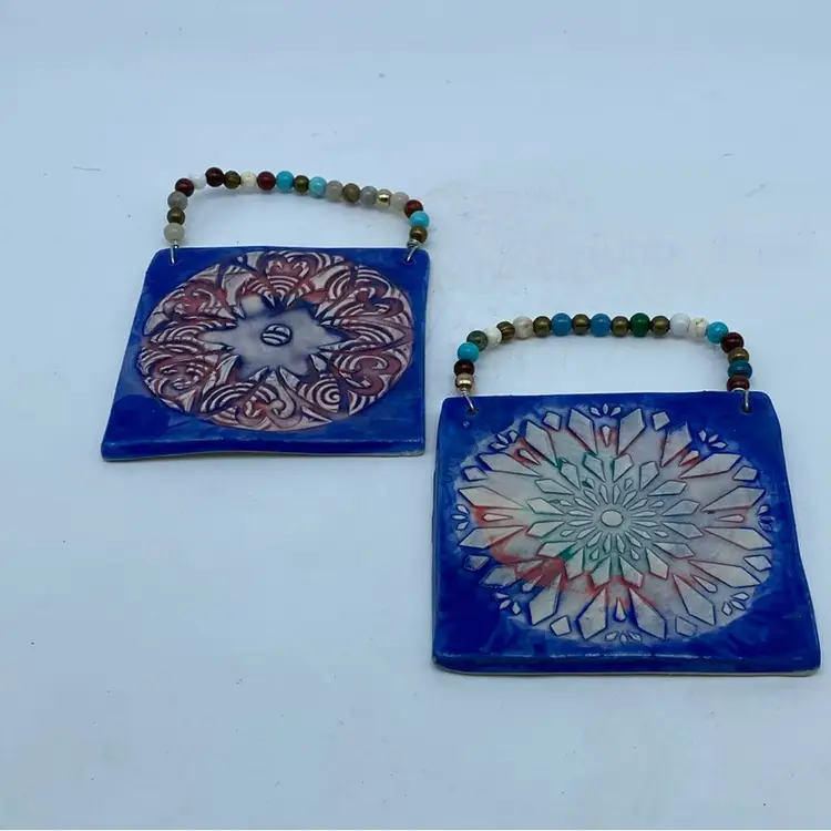 Two Handmade ceramic tile wall hanging with beaded hanger Signed DG