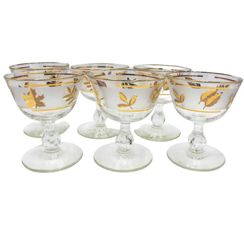 Vintage Dessert Dishes Libbey Starlyte Pattern Stemmed Frosted Glass Gold Leaf