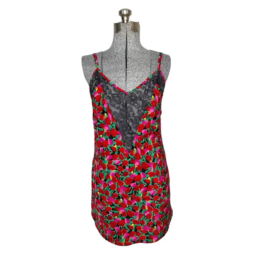 Vintage Gold Label Victoria’s Secret Bold Floral Black Lace Deep V Slip Nightie