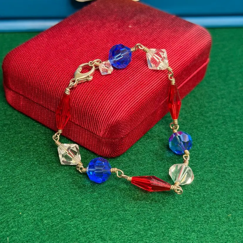 Sterling 925 Silver Clasp Red White & Blue Glass Bead Bracelet