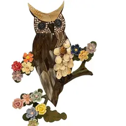 OOAK Mosaic Owl With Jewelry Eyes, Stained Glass, Tiles And Porcelain Flowers On Old Wood Piece 18” Tall And 12” At It’s Widest