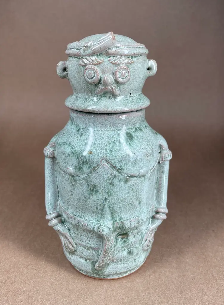 Studio Art Round Green Ceramic Pottery Man Wearing Eye Glasses Trinket Jar Removable Heard