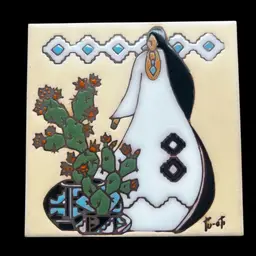 #246B Earthtones Southwestern Themed Art Tile. Woman In White Dress Beside A Cactus. Hand Made & Painted. Signed Tu-Oti. Designed By Gale Tu-OtiTucson, AZ 1990