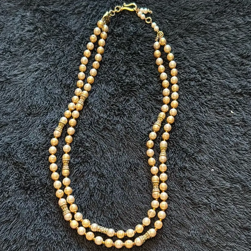 Double Strand Gold Tone Faux Pearl Necklace