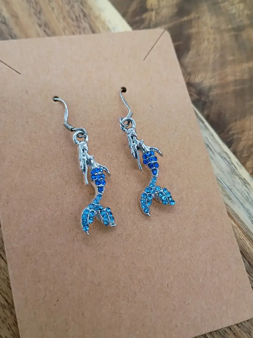 Silver Tone Mermaid Dangling French Back Earrings With Blue Rhinestone Tails