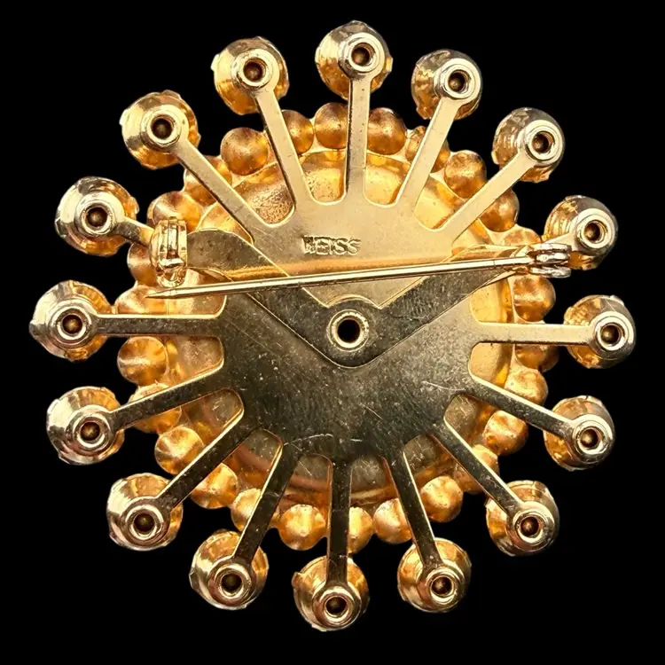 Weiss Orange Rhinestones Sun Burst Brooch 2”