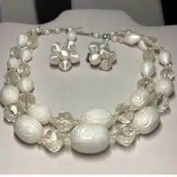 White Double Necklace Plastic Beads Germany & White Earrings Signed Japan
Married Set