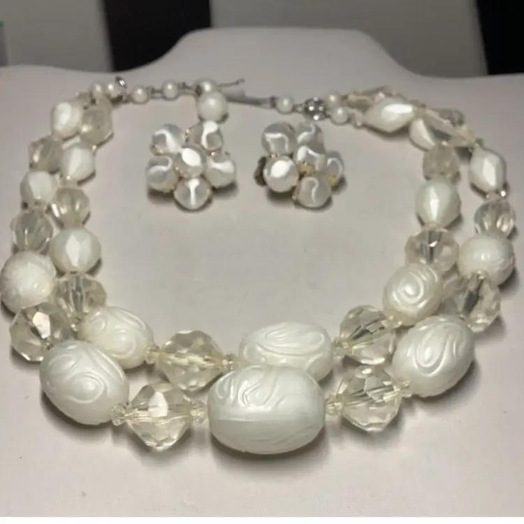 White Double Necklace Plastic Beads Germany & White Earrings Signed Japan 
Married Set