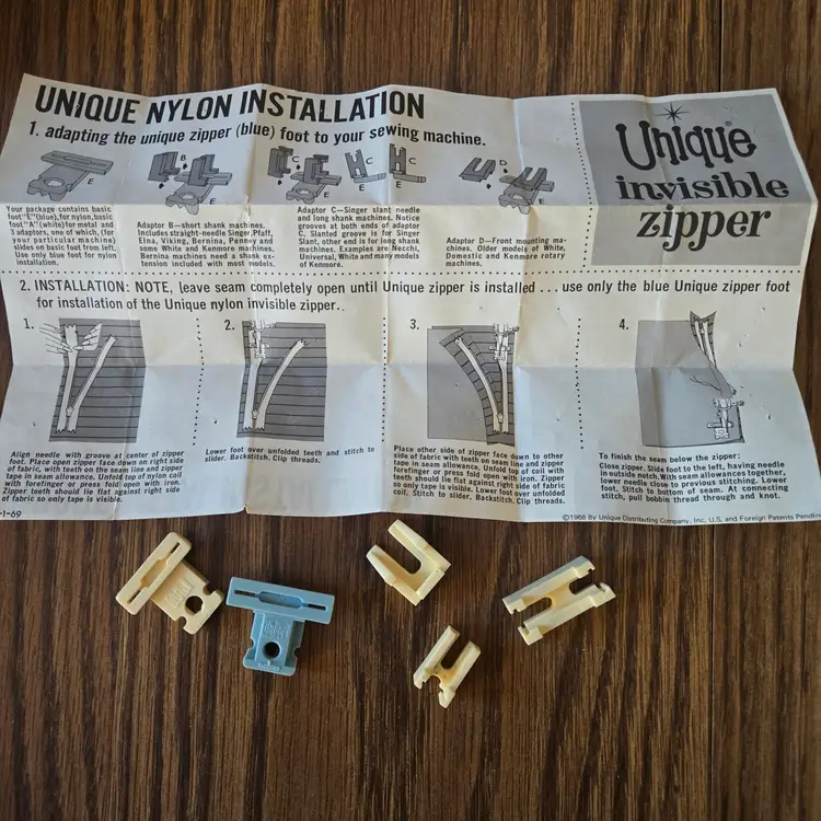 Unique Brand Zipper Foot for metal/polyester invisible zippers + 2 poly zippers