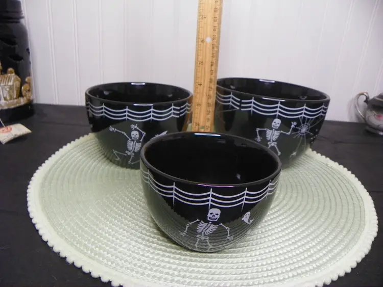 Halloween Black ceramic bowls with dancing skeleton set of 3