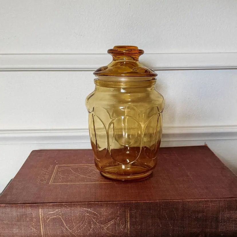 1970s LE Smith Amber Glass Bubble Design Small Canister with Lid