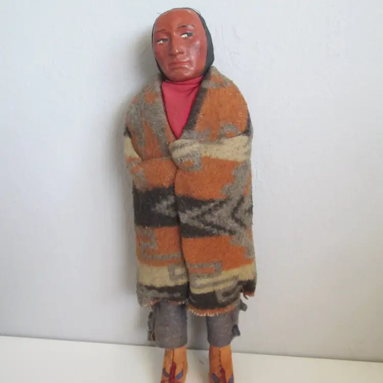 Early 12" SKOOKUM Chief Doll wool blanket with suede moccasins