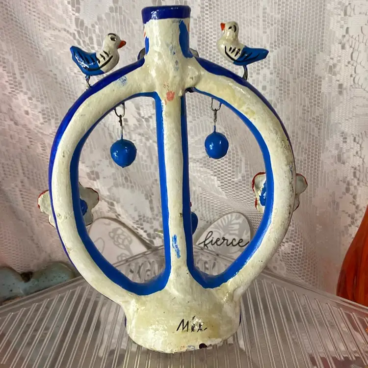 Vintage Mexican Folk Art Pottery Tree Of Life Candleholder Birds Flowers