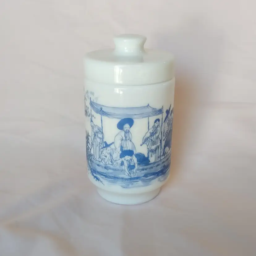 Vintage Belgium Asian Boat Scene Milk Glass Apothecary Chinoiserie Container