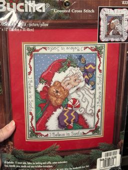 BUCILLA Counted Cross Stitch  I Believe In Santa Pillow /Picture 10x12 Christmas
