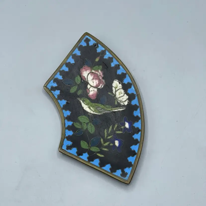 Vintage Cloisonné Curved Dish w/ Bird & Florals Black Background Blue Border