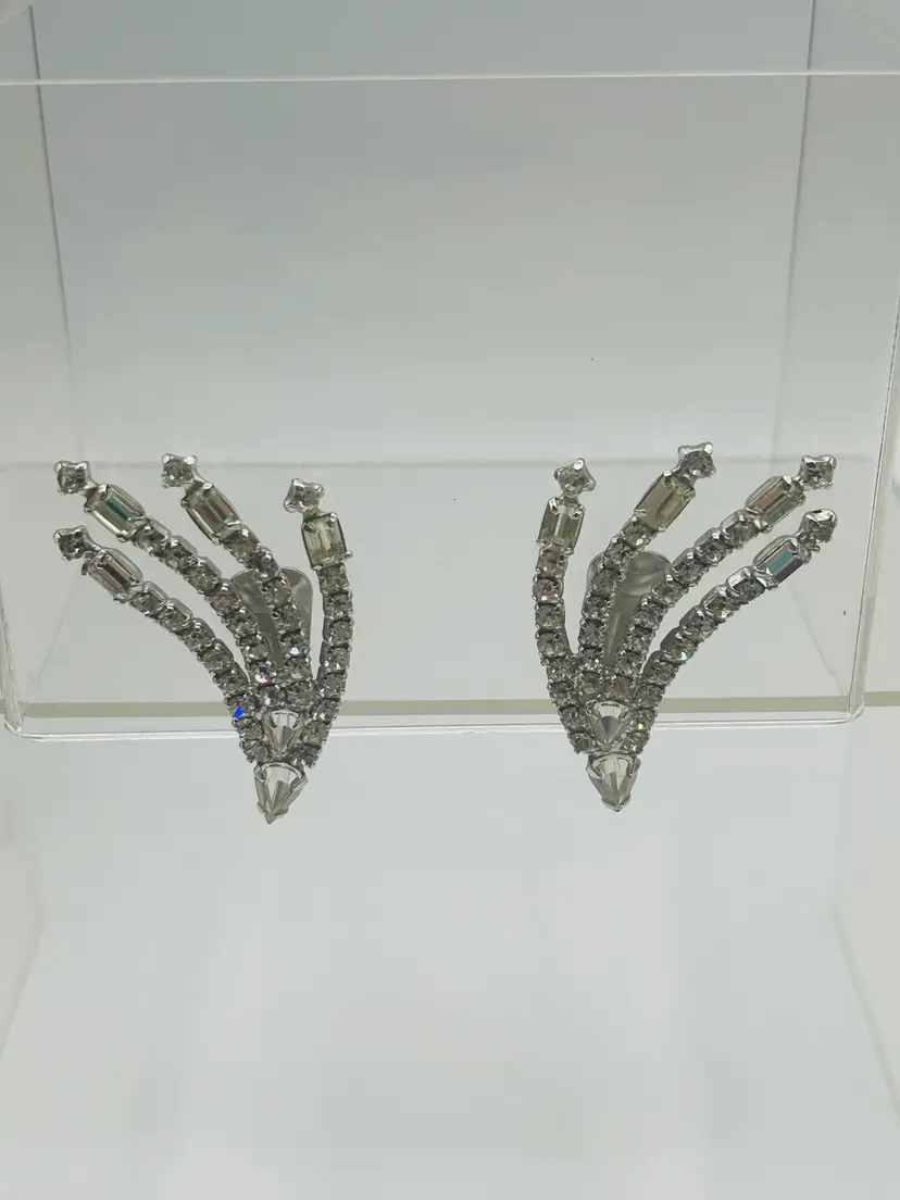 Vintage Sparkling Clear Rhinestone Climber Earrings Unsigned Clip On 