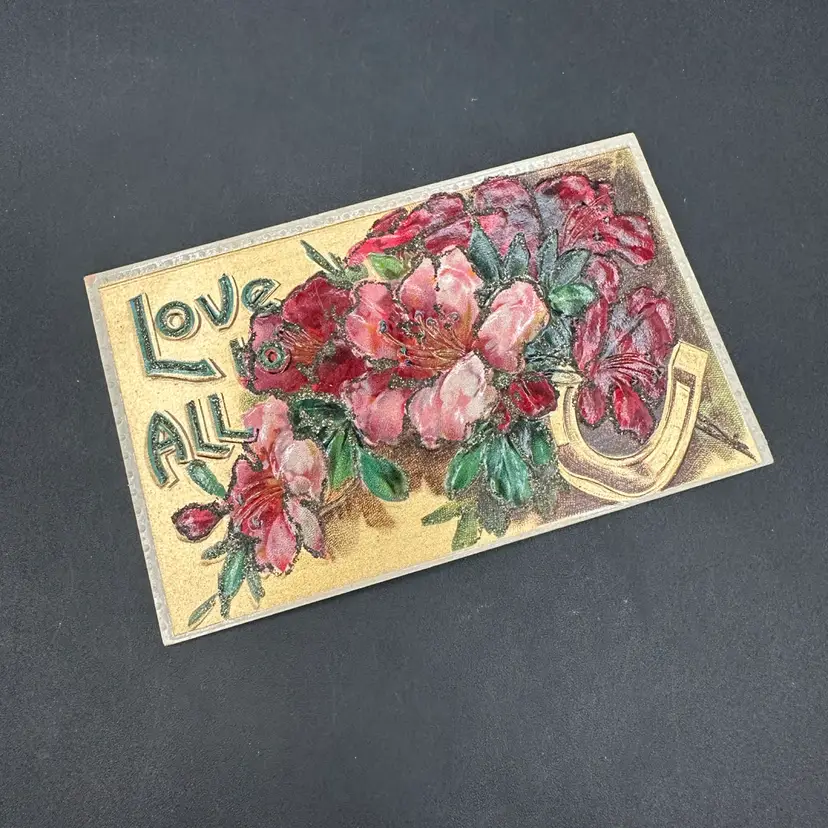 “Love To All” Gold Red Pink Floral Antique Postcard, Series 1680, Printed In Germany, Unposted
