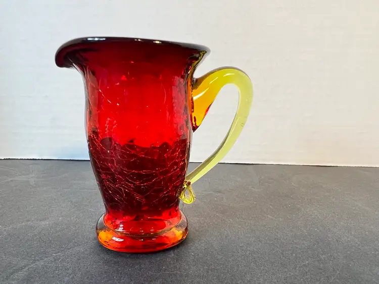 3.25” Petite Amberina Crackle Glass Pitcher Creamer Cadmium Hand Blown Glows