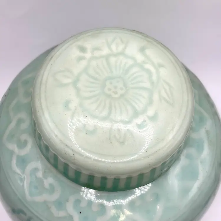Celadon Glazed Asian Ginger Jar with Lid Lotus Floral Design 6”