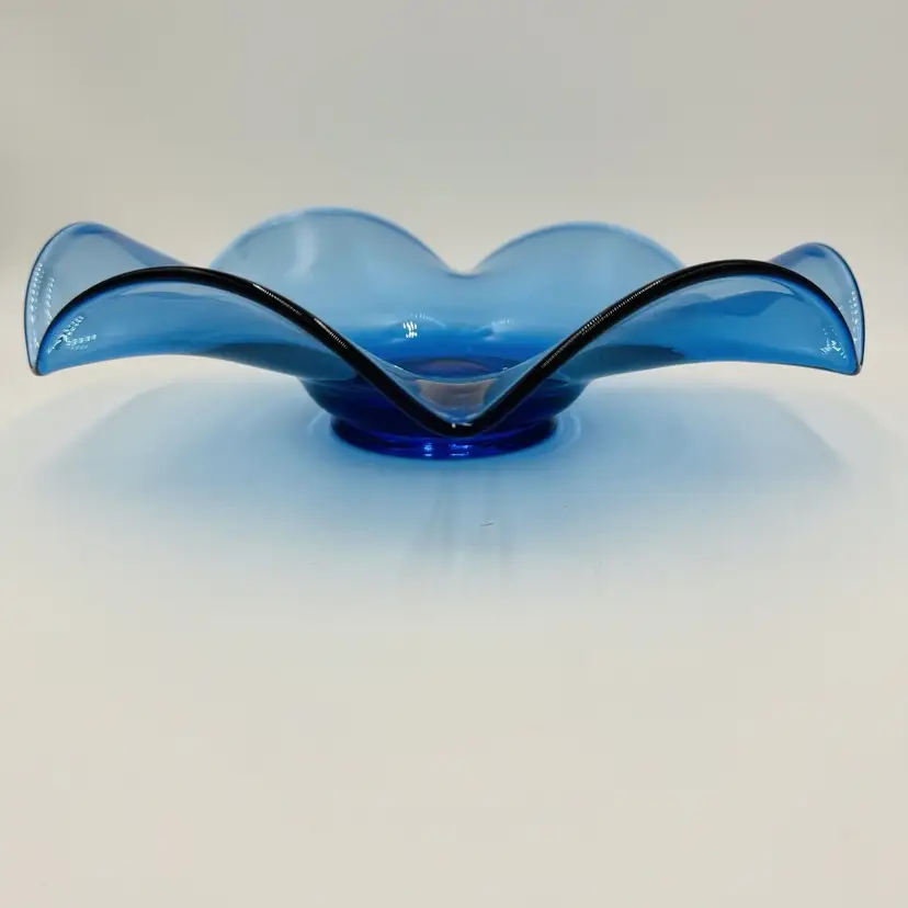 Viking Art Glass Bluenique Blue Ruffled 6 Petals Bowl 3in x 12in Rare MCM