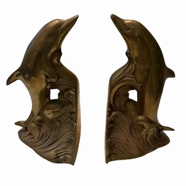 Vintage Rare Brass Dolphin Sculpture Bookends