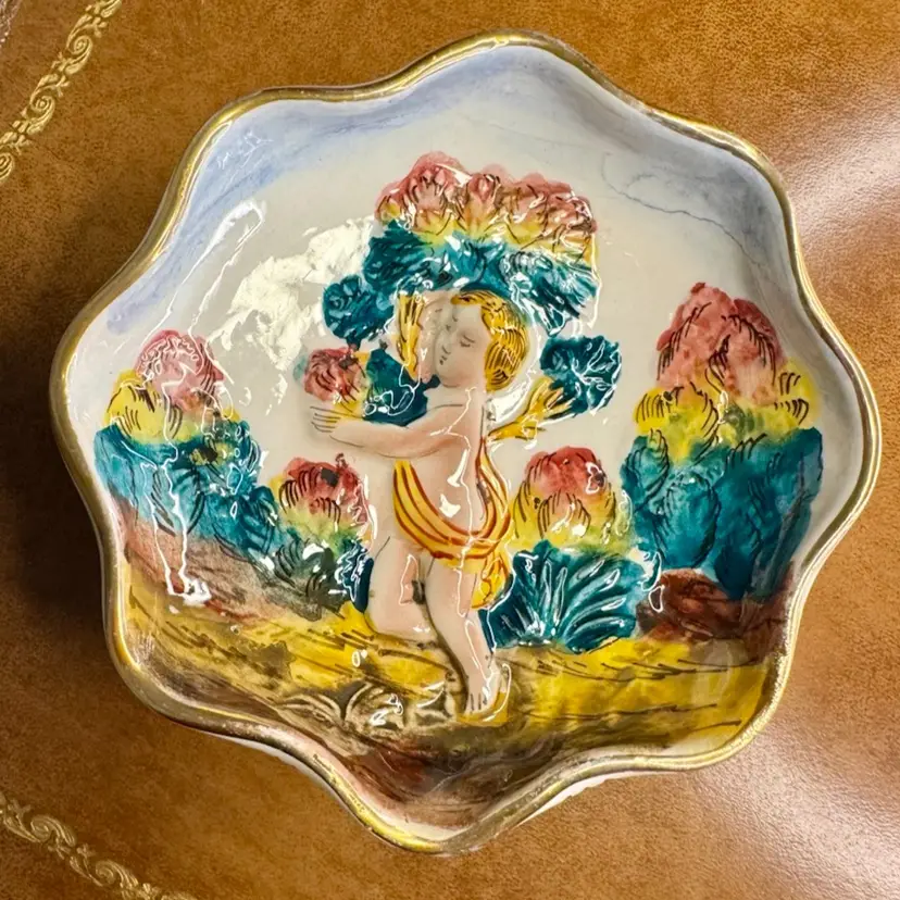 5” Vintage Capodimonte Porcelain Hand Painted Trinket Ring Dish Cherub Italy