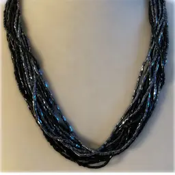 Vintage Bohemian 12 Strand Black And Silver Czech Glass Beaded Necklace