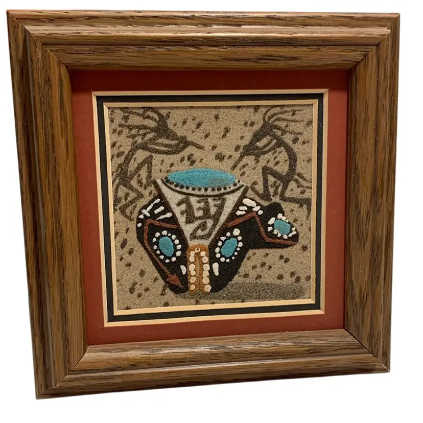 23. Vintage Dine Navajo Kokopelli Singer And Ollas Sand Painting On Wooden Panel Signed By Artist Native American Southwestern Motifs Art