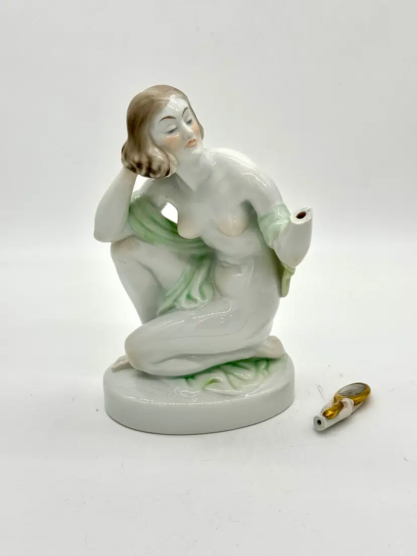 HEREND Nymph Girl FigurinePorcelain Hand Painted Nude With Mirror  9”H x 6”W READ