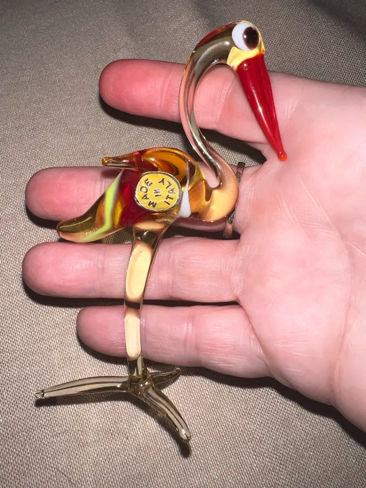 Vtg Murano Italy Hand Blown Glass Miniature Figurine Crane Bird  UV Glow 2.75” Delicate & She Glows!