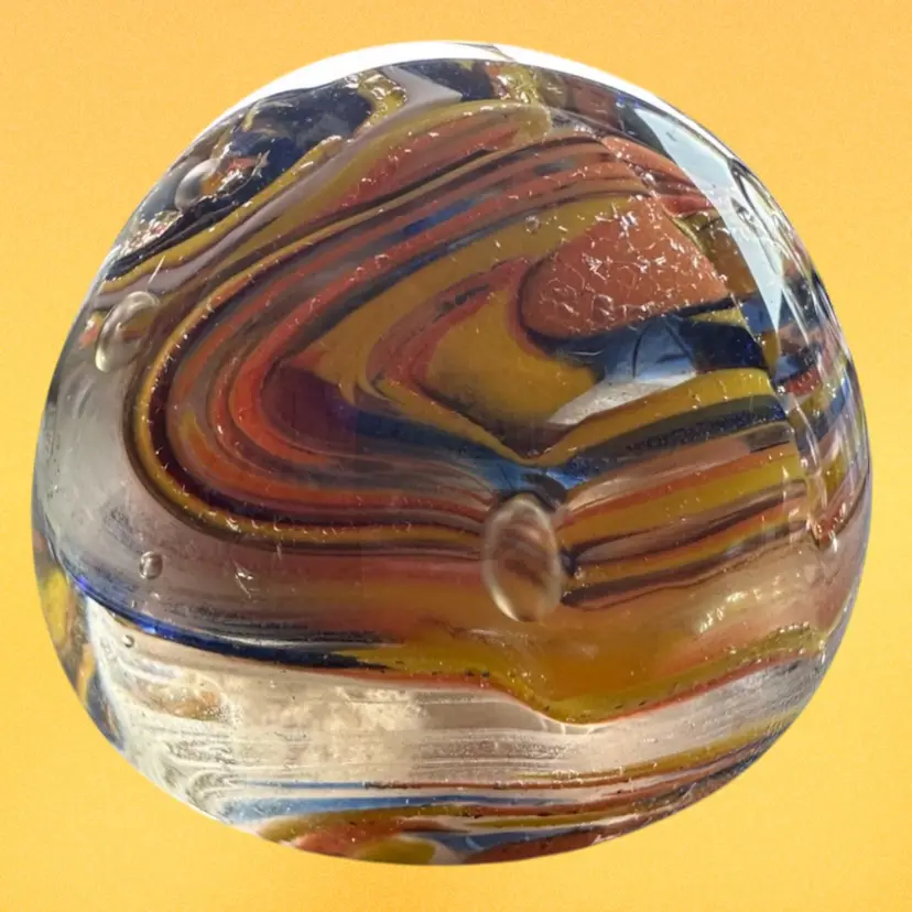 Art Glass Blue Orange Yellow Swirl Paperweight 2" t x 2.25" 'd