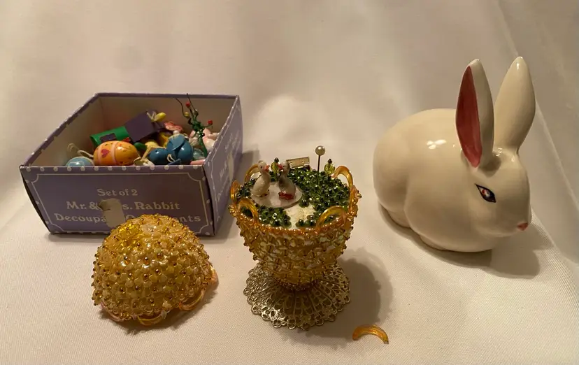 Vintage Spring Lot Includes Easter Tree Ornaments, Bunny Cotton Ball & Pin Duck