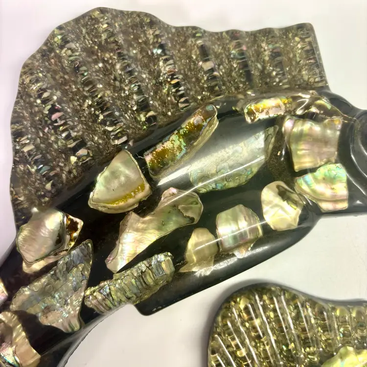 Pair Of Black Vintage Lucite Abalone Shell Swordfish Wall Hangings 11” & 15”