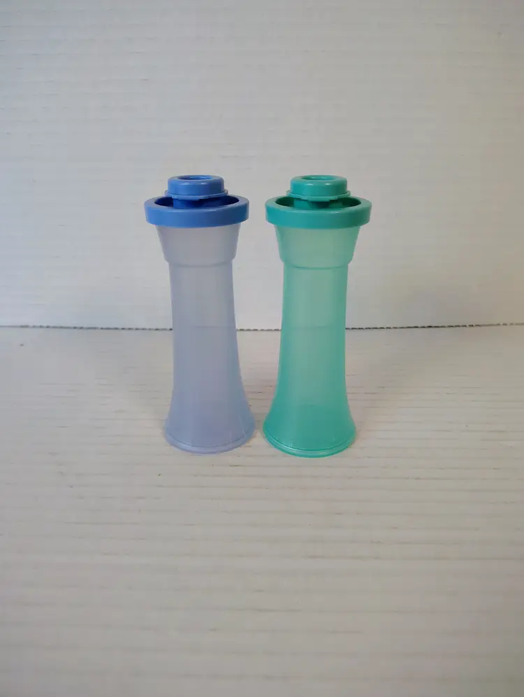 Tupperware Mini Hourglass Salt and Pepper Shakers Blue and Green